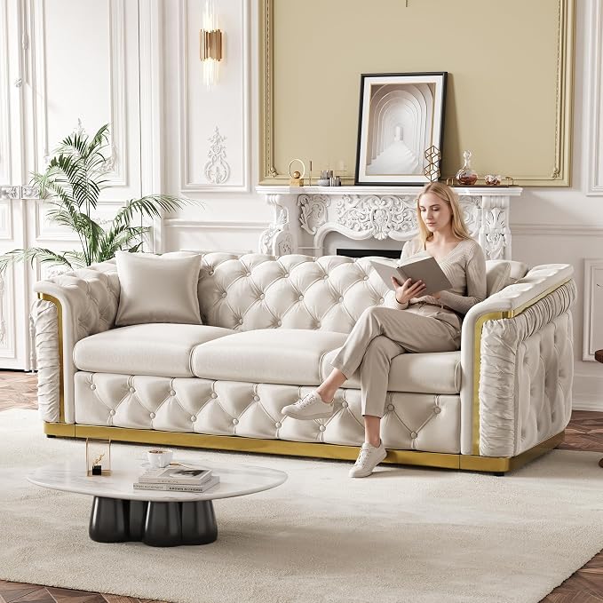 84.6" Luxury Chesterfield Sofa Velvet Tufted Sofa Black and Gold Couch - Image 3