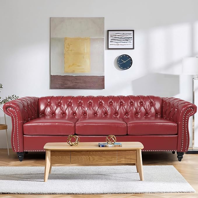 AVZEAR Chesterfield Leather Sofa 3 Seater Couch, Mid-Century Large Sofa Roll - Image 4