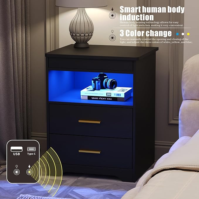 Night Stand with Gun Drawer, Charging Bedside Table with USB & Type-C Port - Image 4