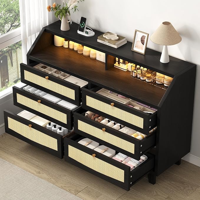 Rattan 6 Drawer Dresser with LED Lights & Power Outlet, Wide Rattan Dresser TV - Image 3