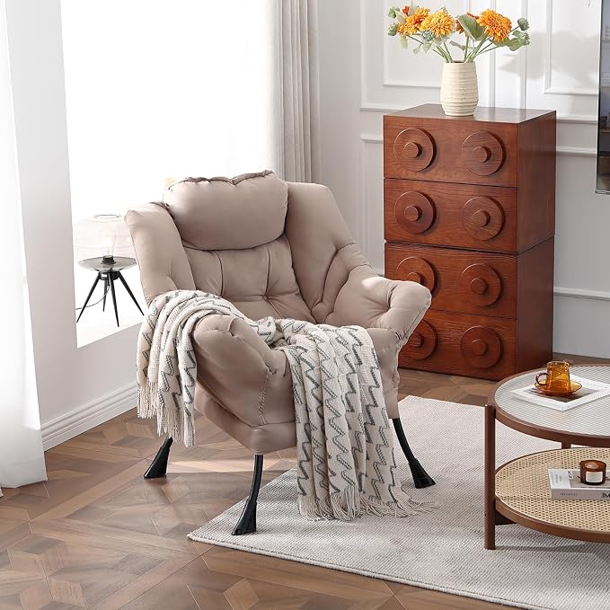 Welnow Khaki Single Lazy Chair for Living Room, Modern Reading Accent Chair - Image 2