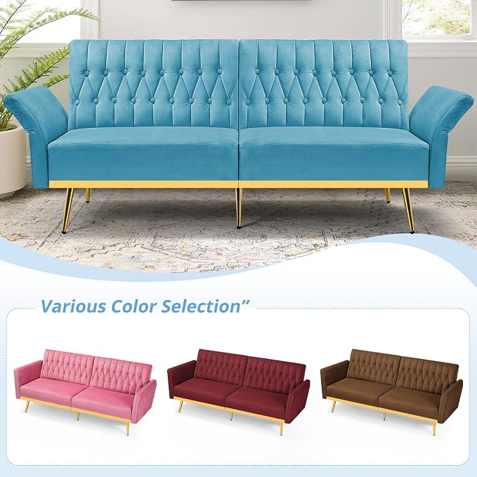 70” Velvet Futon Sofa Bed with 2 Pillows and Adjustable Armrests, Convertible - Image 7