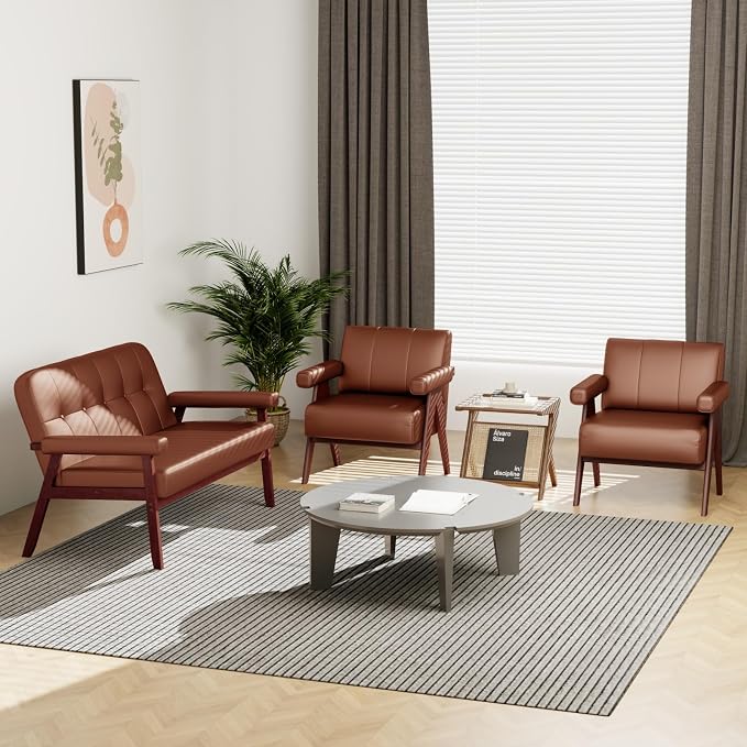 STHOUYN Brown Leather Accent Chairs, Mid Century Modern Chair, Side Arm Chairs - Image 7