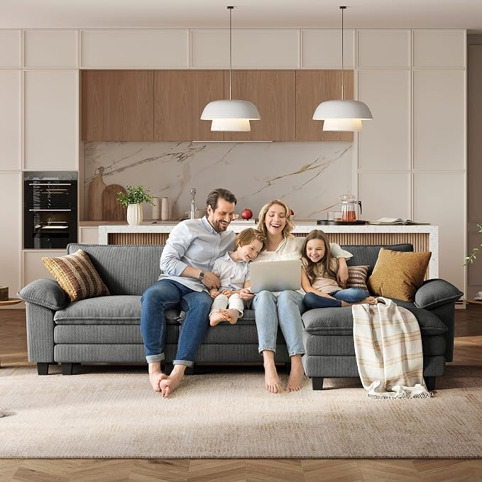LINSY HOME 123" Modular L-Shaped Sectional Sofa, 3-Seat Corduroy Modern Cloud - Image 6