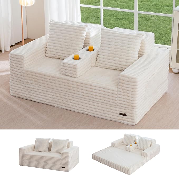 MAXYOYO Loveseat Sofa Bed, Striped Faux Fur Foldable Floor Sofa Couch in A Box by MAXYOYO