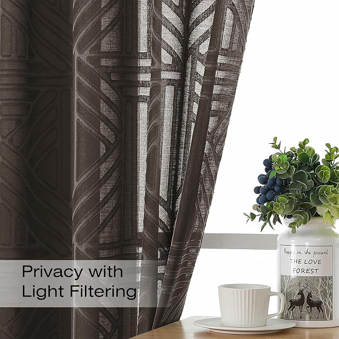 Simplebrand Chocolate Semi Sheer Curtains 45 Inch Length 2 Panels, Geometric - Image 2