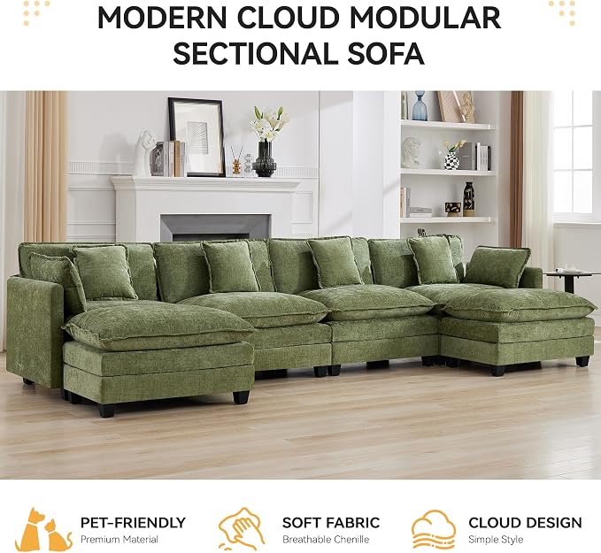 147'' Sectional Cloud Deep Seat Couch, Oversized Chenille U Shaped Sectional - Image 7