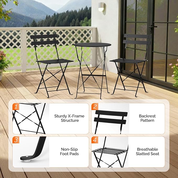 VINGLI Outdoor Folding Bistro Table and Chairs Set of 2, 3-Piece Bistro Set - Image 8