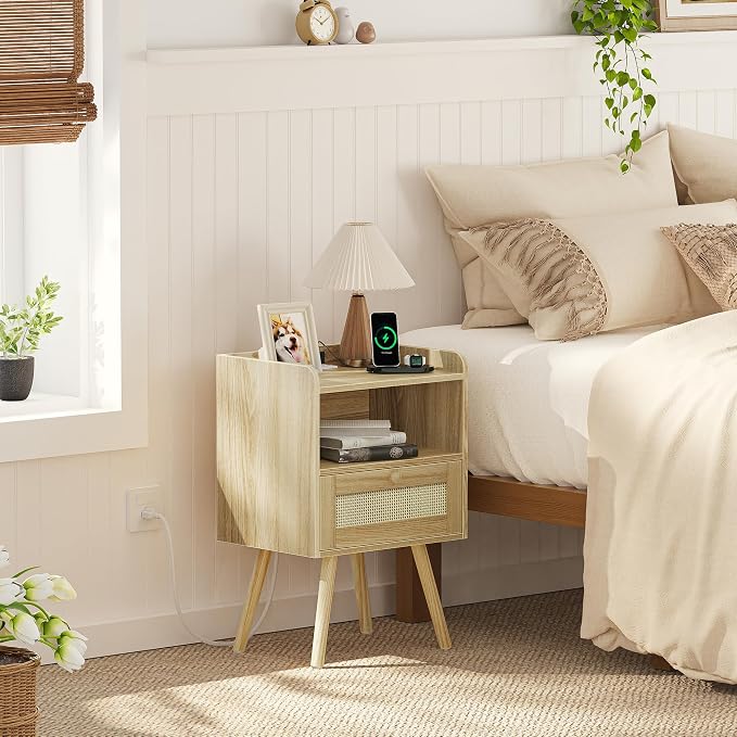 SUPERJARE Nightstand with Charging Station & Rattan-Like Decor Drawer, Rattan - Image 2