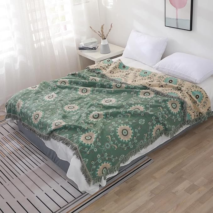Boho Throw Blanket for Bed 100% Cotton Ultra Soft Rustic Quilt Summer Blanket - Image 3
