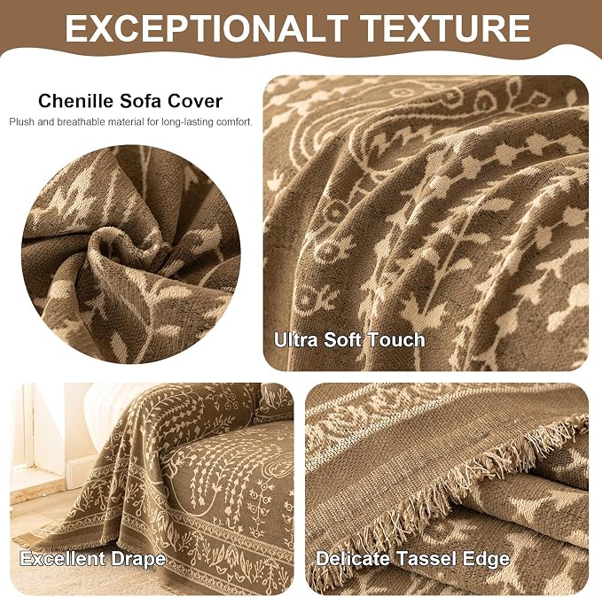 VClife Vintage Floral Bohemain Couch Cover, Soft Breathable Chenille Sofa Cover - Image 5