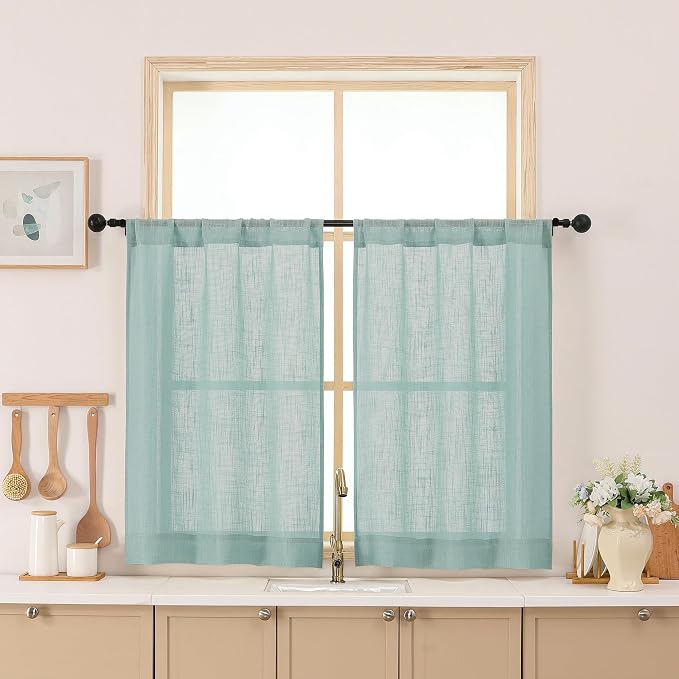 Chyhomenyc Aqua Green Semi Sheer Curtains 36 Inch Length, Light Filtering Faux by Chyhomenyc