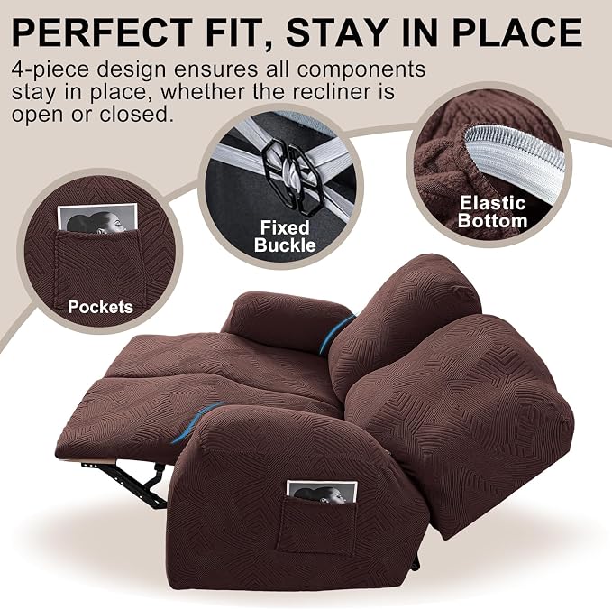 Recliner Loveseat Covers, 4-Piece Stretch Geometric Strokes Jacquard Reclining - Image 4