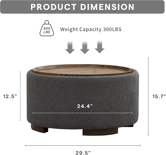 29.5 Inch Round Storage Ottoman Coffee Table, Modern Circle Coffee Table - Image 2