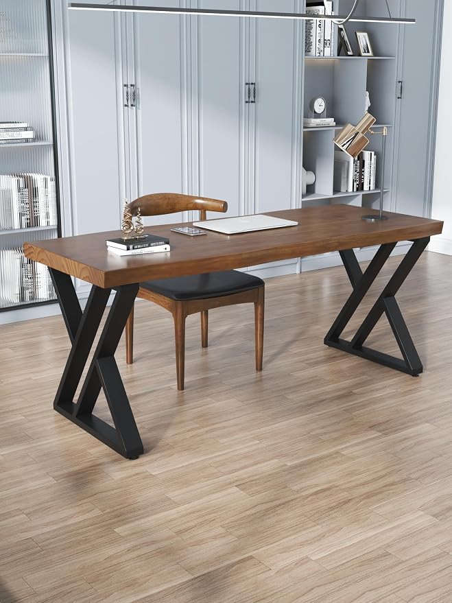 55inch Solid Wood Desk Wide Home Office Desk, Metal Modern Industrial Writing - Image 8
