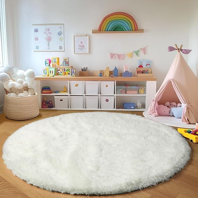 ONASAR Cream White Round Area Rugs 6ft, Fluffy Soft Bedroom Circle Rug Floor Mat - Image 5