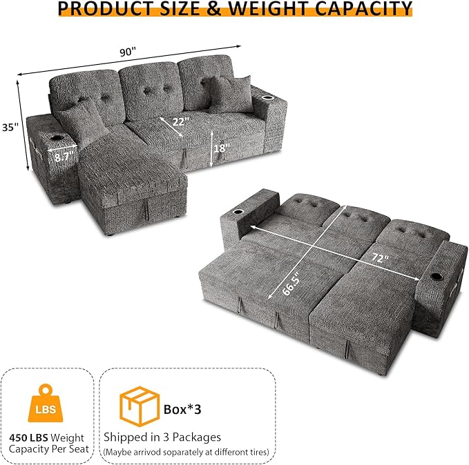 90 Inch Modular Sectional Sleeper Sofa Bed, 4 in 1 Pull Out Couch Bed - Image 3