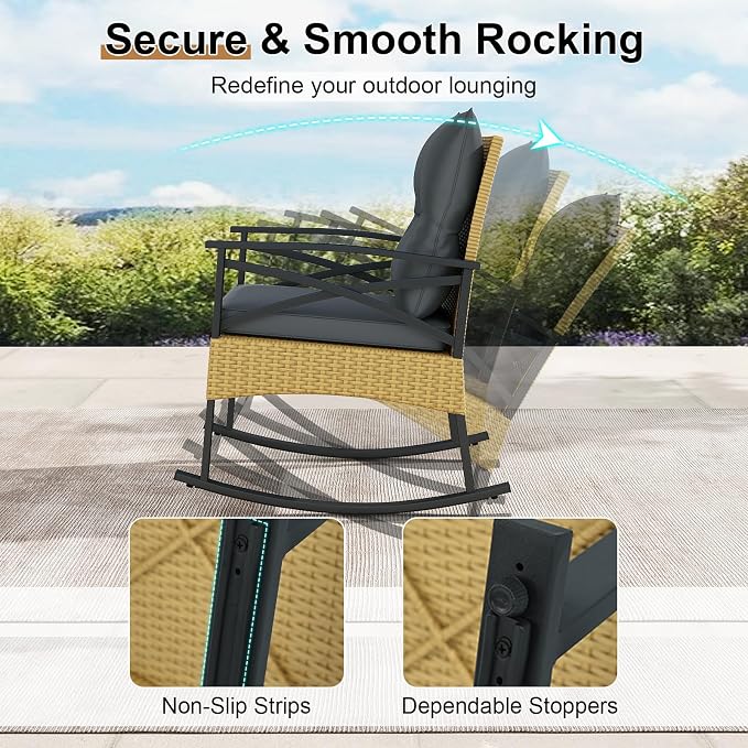 Tangkula 3 Pieces Outdoor Rocking Chairs Set, Rattan Heavy Duty Cushioned - Image 4