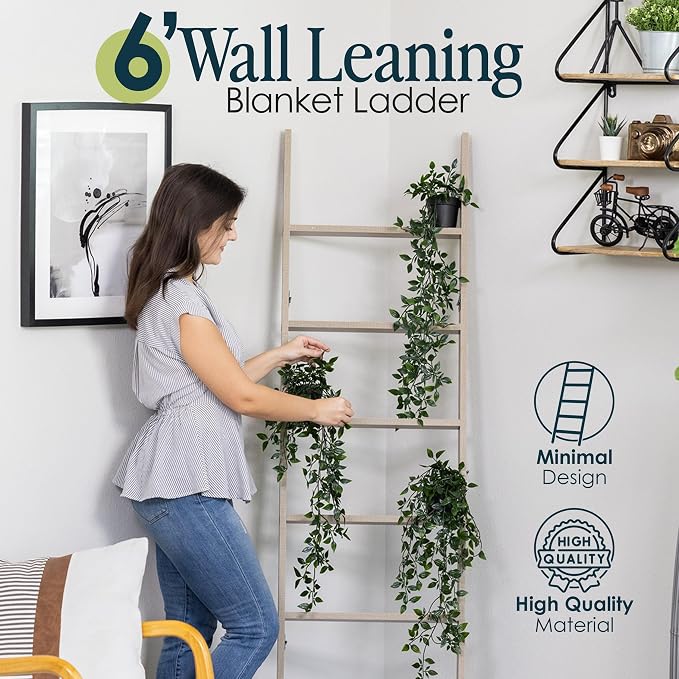 Blanket Ladder for Living Room and Bedroom, 5ft 8 inch, 6-Tier Wall Leaning - Image 5