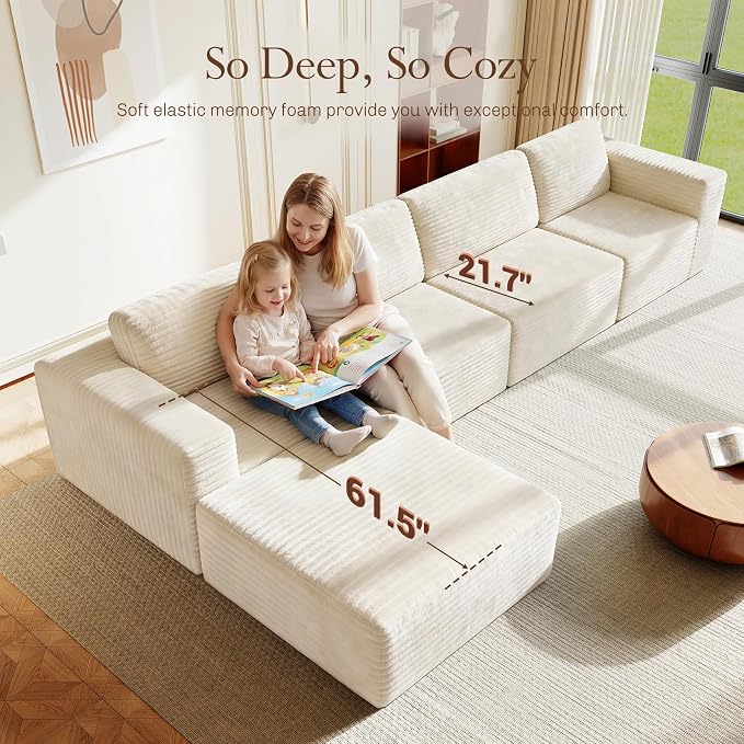 Vesgantti 159" Large Modular Sectional Sofa, L-Shaped Corduroy Cloud Couch - Image 5
