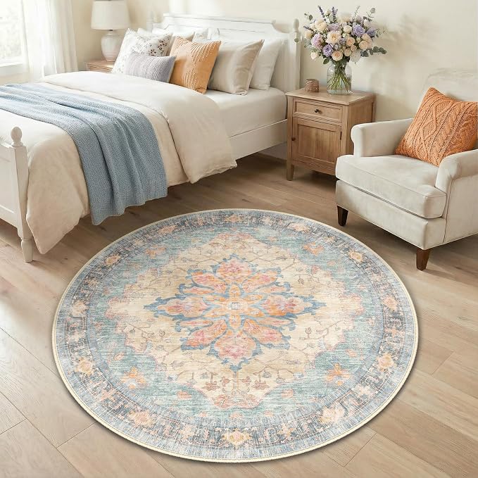 RELEANY Area Rugs Round 4ft Washable Non-Slip, Floral Vintage Distress Print - Image 3