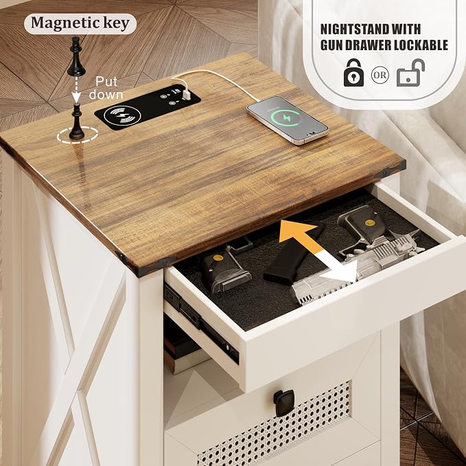 Bedside Table Set of 2 with Charger Station, Night Stand with Gun Drawer - Image 3