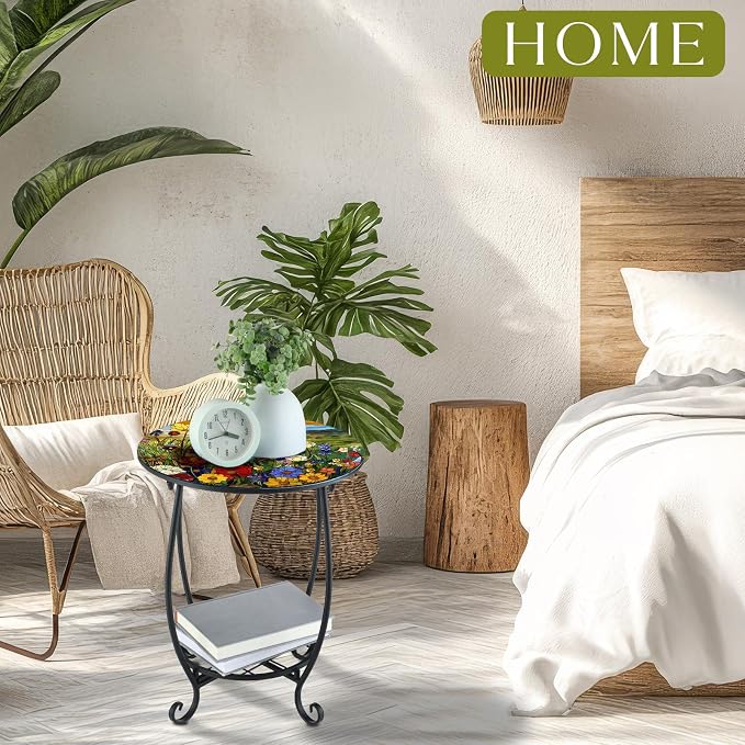 Cinnvoice Outdoor Side Table Round Small Mosaic Patio Accent Indoor End Plant - Image 2