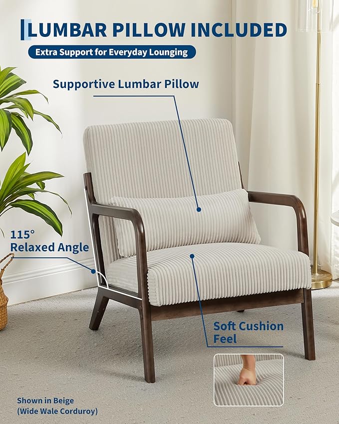 Garvee Mid-Century Modern Accent Chair, Wide-Wale Corduroy Upholstery, Solid - Image 3