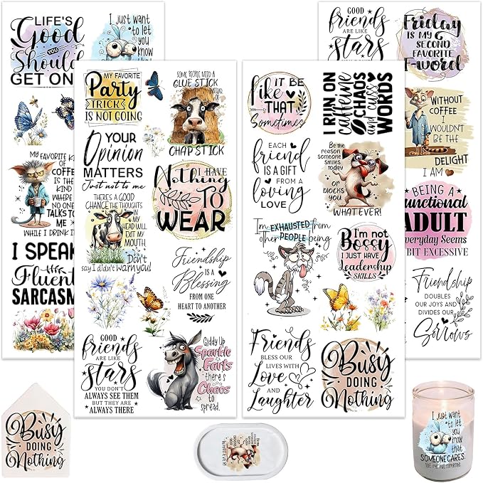 4 Sheets Rub on Transfers for Crafts, Animal Satirical Quotes Furniture by Dorsbaby