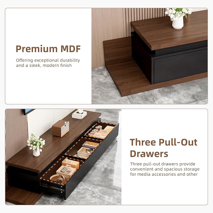 Extendable TV Stand with LED Lights, Modern TV Console with 3 Drawers, Wooden - Image 6