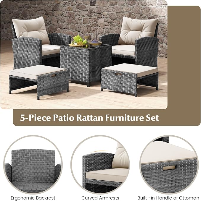 Tangkula 5 Pieces Patio Conversation Set, PE Wicker Rattan Outdoor Furniture Set - Image 5