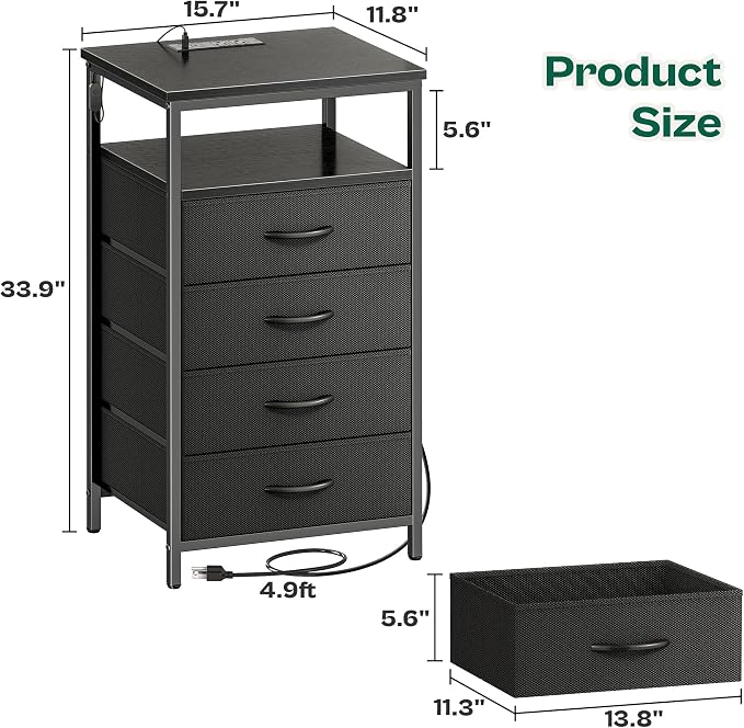 Huuger Night Stand with Charger Station and LED Lights, 4 Drawer Nightstand - Image 3