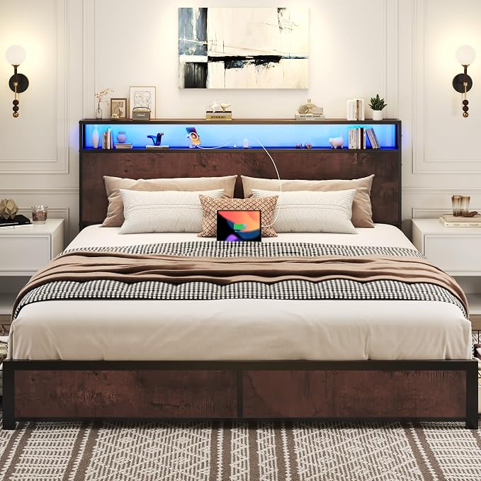 Lifezone King Bed Frame with 2-Tier Storage Headboard, Metal Platform Bed Frame - Image 6