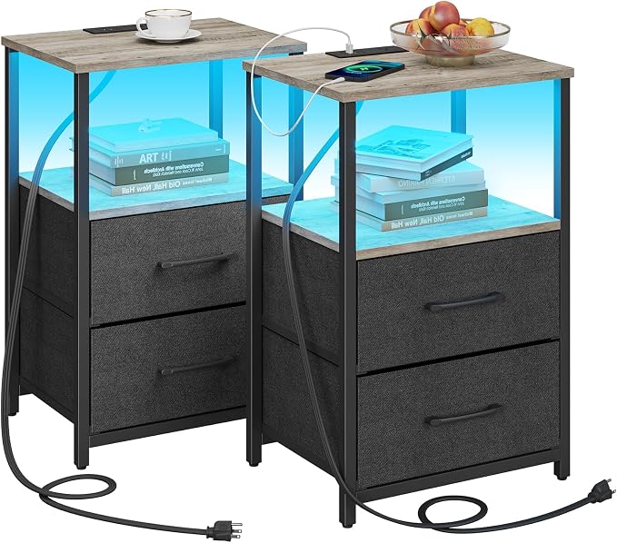 TUTOTAK LED End Table with Charging Station, Nightstand with Cloth Drawer by ChoosetutotakFurnitureBuildYourCozyHome