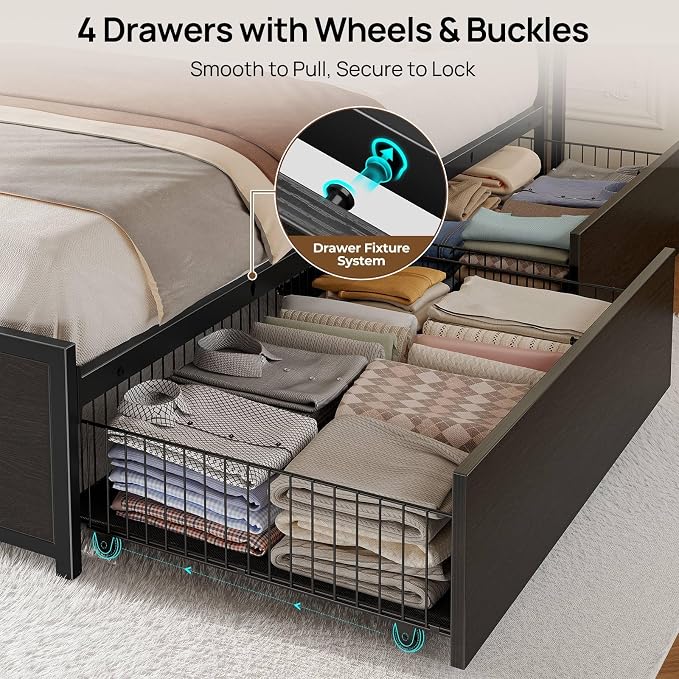 Rolanstar Queen Bed Frame with 4 Storage Drawers, Charging Station and LED - Image 4