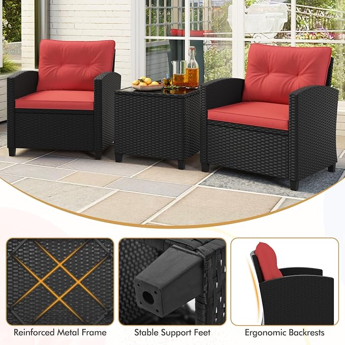 HAPPYGRILL 3 Pieces Wicker Patio Conversation Set, PE Rattan Bistro Sofa Set - Image 7