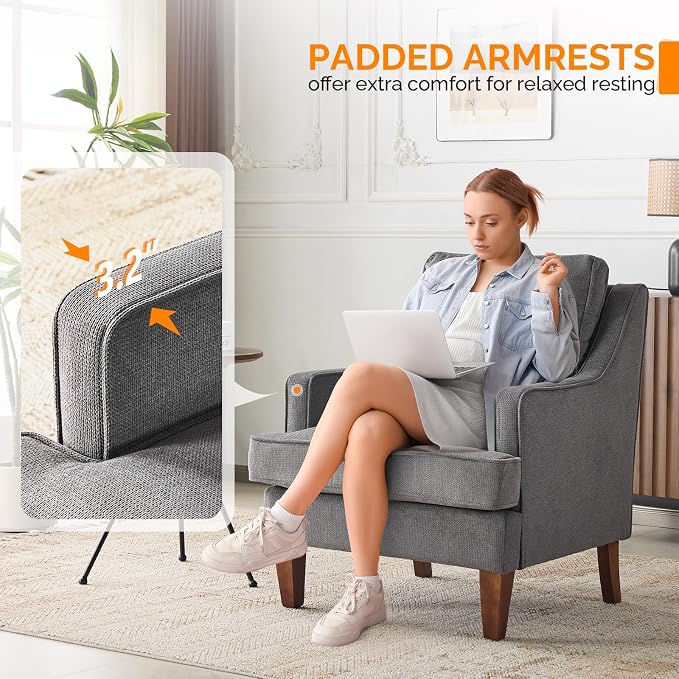 VINGLI Grey Accent Chairs Set of 2, Mid Century Modern Chairs, Upholstered - Image 5