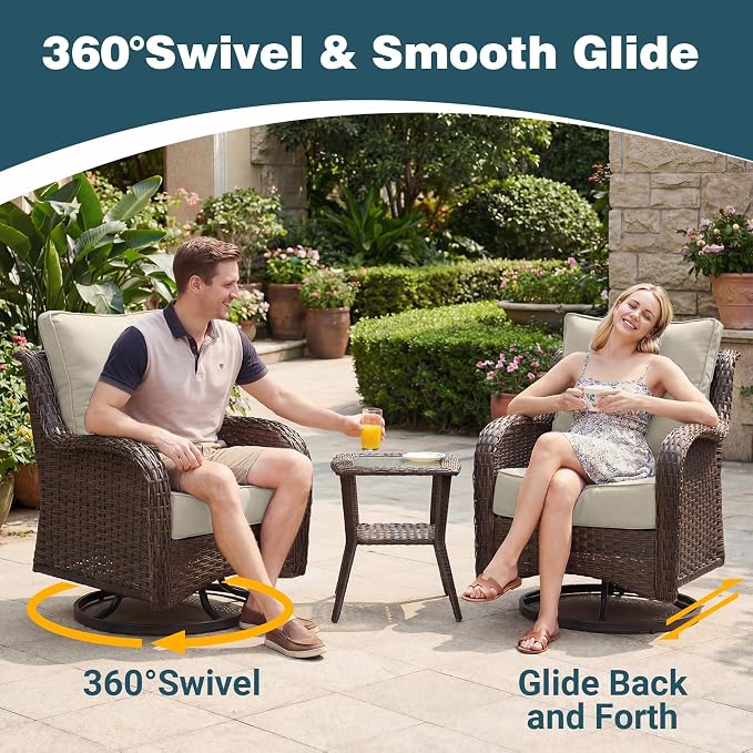 Patio Furniture Set, High Back Rattan Sofa & Swivel Rocker Chairs, Weather - Image 3