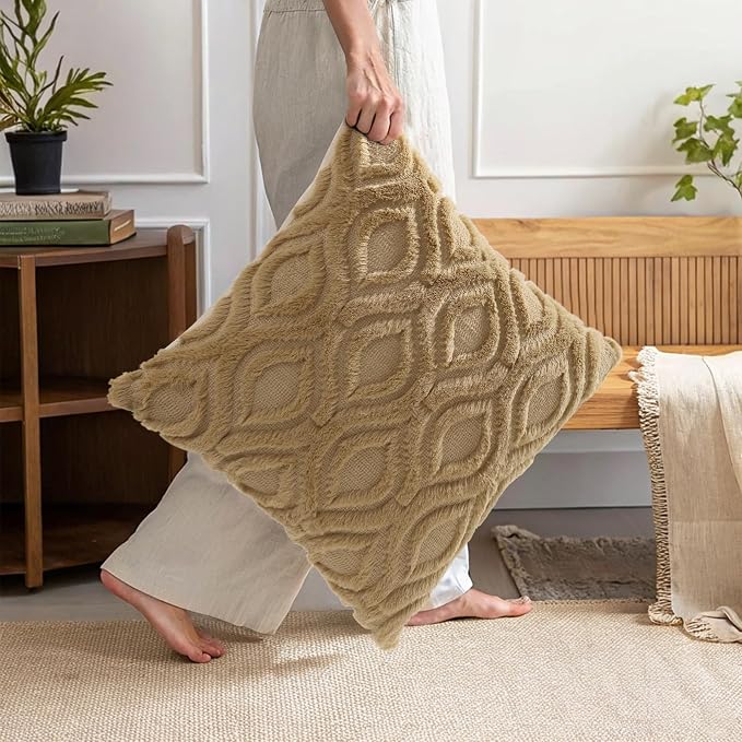 decorUhome Throw Pillow Covers 22x22 Inch Set of 2, Soft Plush Faux Wool Khaki - Image 6