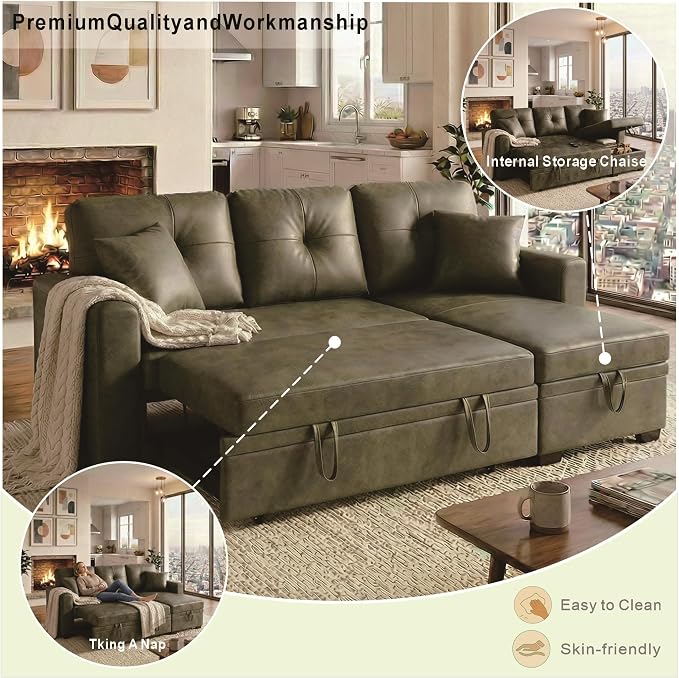 L Shaped Sectional Couch with Storage and Pull Out Bed, 3 Seater Sleeper Sofas - Image 8
