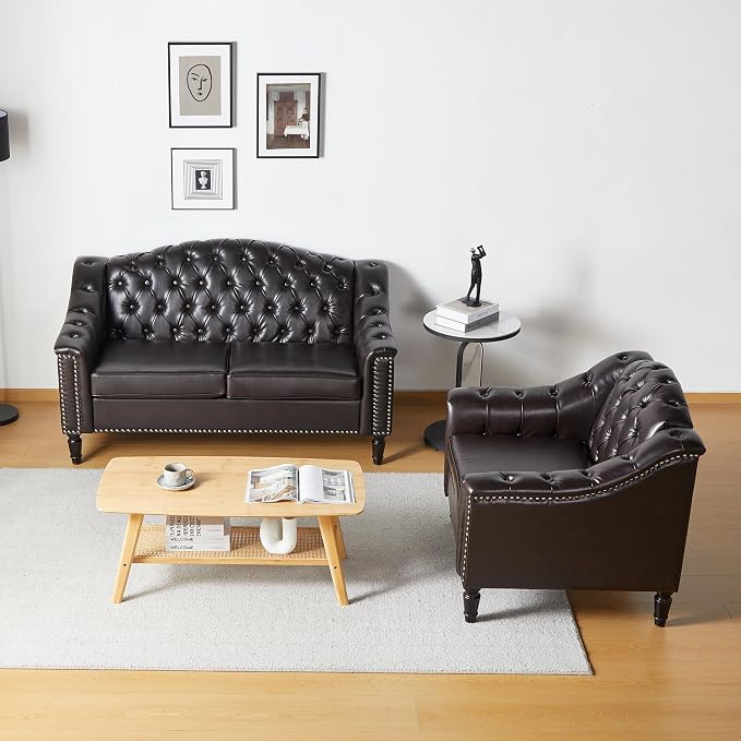 LEVNARY Chesterfield Chair Leather, Upholstered Sofa Chair - Image 7