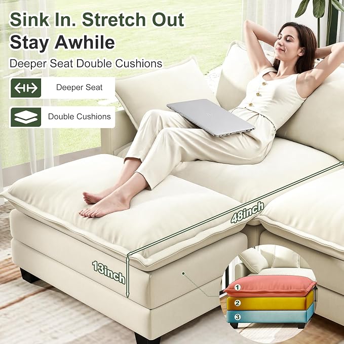 146" Cloud Couch Sectional, U Shaped Modular Sectional Sofa, 4-Seat Deep Seat - Image 4