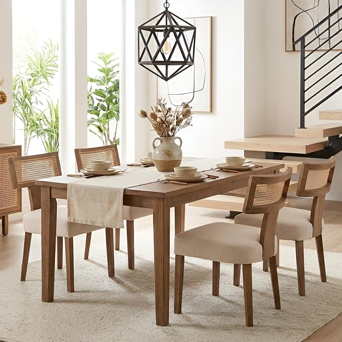 HNY Mid Century Modern Rattan Dining Chairs Set of 4, Farmhouse Linen - Image 8