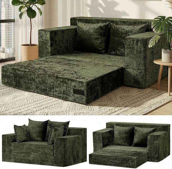 Loveseat Sofa Bed, Convertible Silky Velvet 5-in-1 Foldable Boneless Sleeper by AOLVDOW