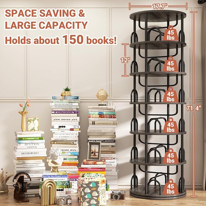 Aheaplus 6 Tier Rotating Bookshelf Tower, Revolving Bookcase, 360° Round - Image 2