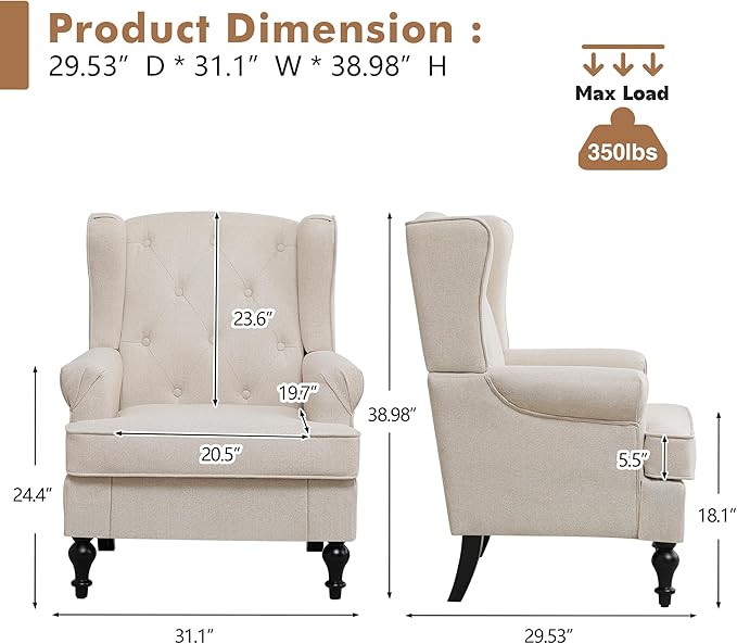 Accent Chair for Living Room, Mid Century Modern Upholstered Armchair, Wingback - Image 2