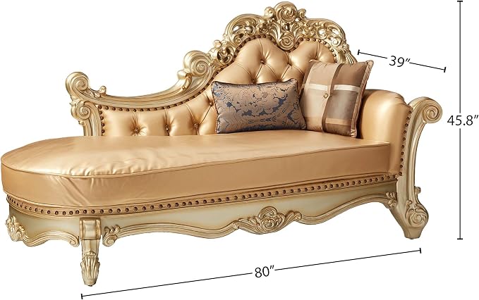 Acme Vendome Chaise w/2 Pillows in Bone Synthetic Leather & Gold Patina - Image 2