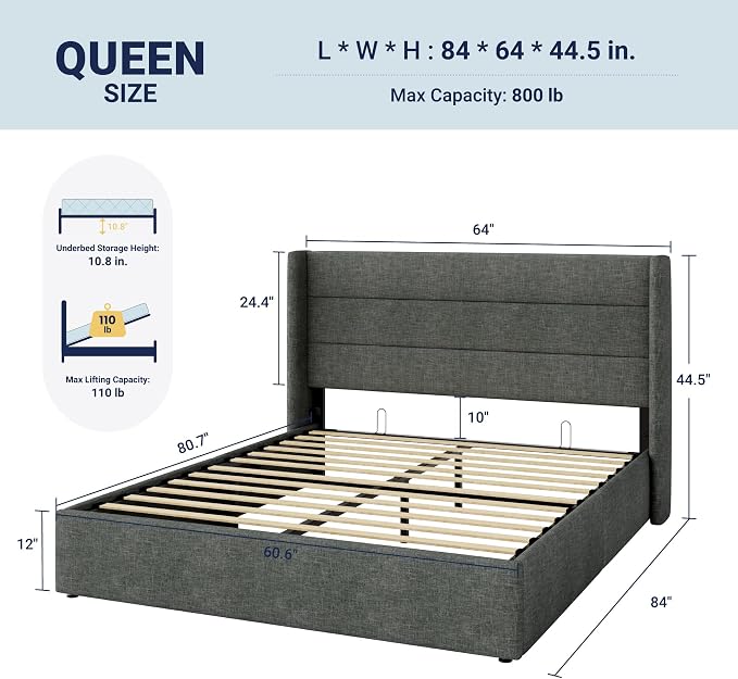 Allewie Queen Size Lift Up Storage Bed, Modern Wingback Headboard, Hydraulic - Image 2