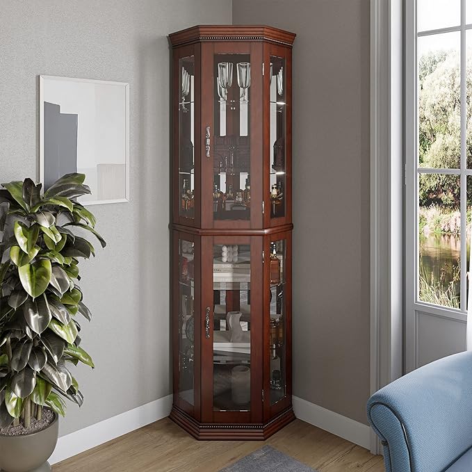 BELLEZE Lighted Wooden Corner Display Curio Cabinet, Two Section Shelving Unit by BELLEZE