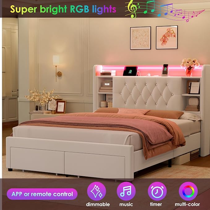 Full Bed Frame with Drawers, Hidden-Cubby & Shelves Storage Headboard with - Image 3